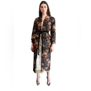 Markarian Black Floral brocade longline coat metallic gold rust velvet Tie small